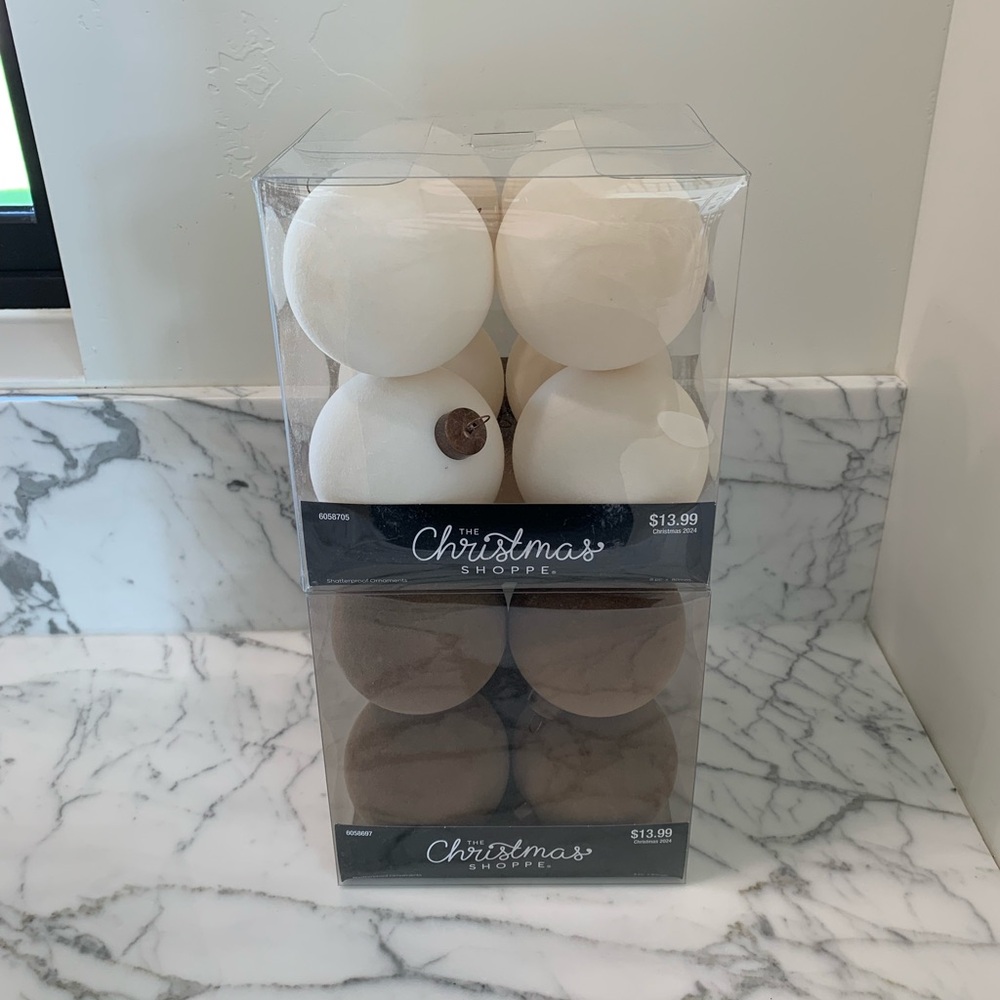 Hobby Lobby Flocked Ball Ivory & Brown Ornaments—Small, 80mm, 3 inch, Set of 16